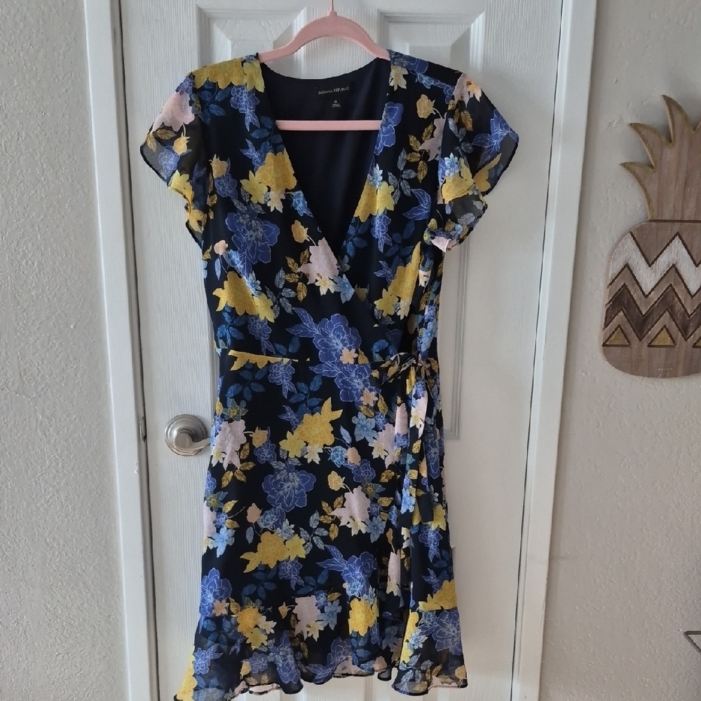 Banana Republic Navy Wrap Dress with Yellow & Blue Floral Print